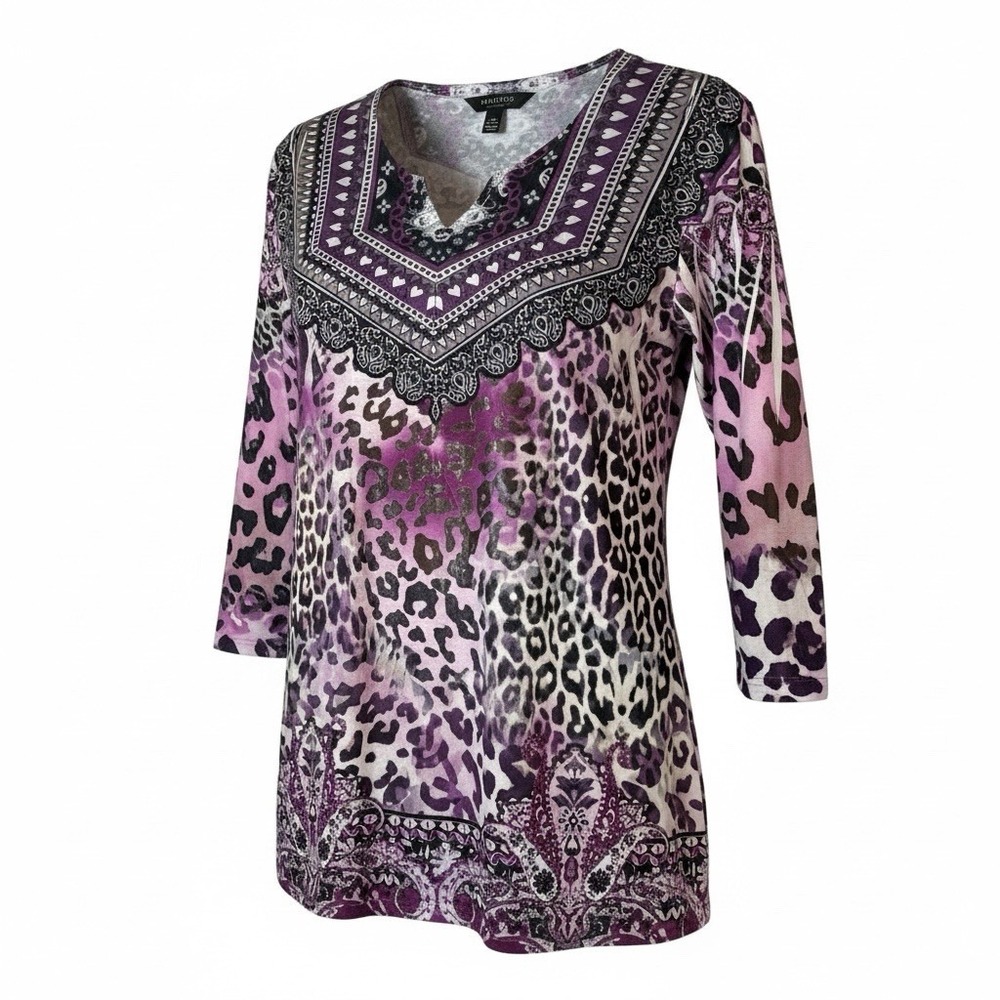 Style & Co Knit Top Womens Med Leopard Print Purple Black White V-Neck Blouse
